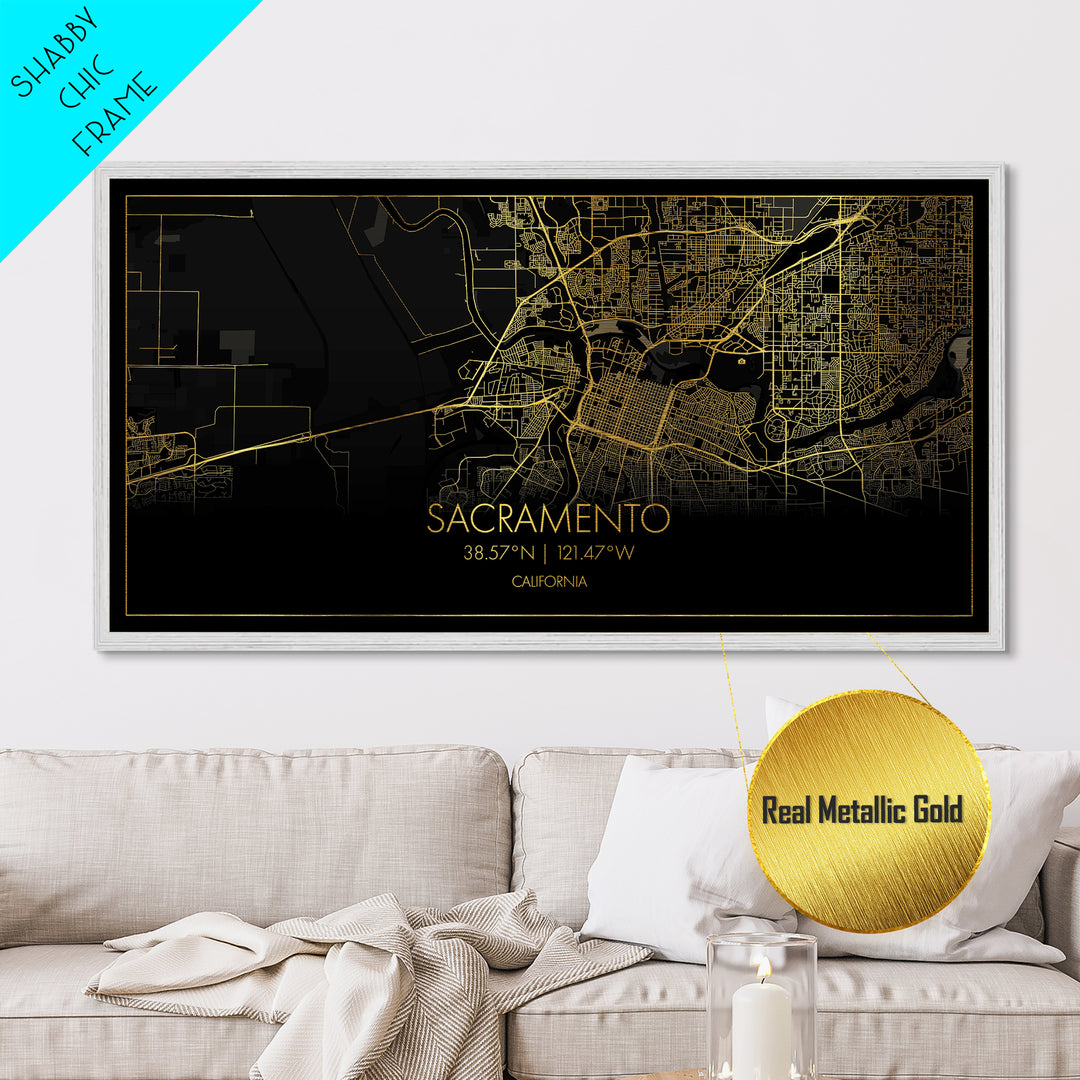 Sacramento California City Poster, Metallic Gold Art, Metal Art, real wood frames, black and gold, Street Map Wall Art, Minimalist Wall Art