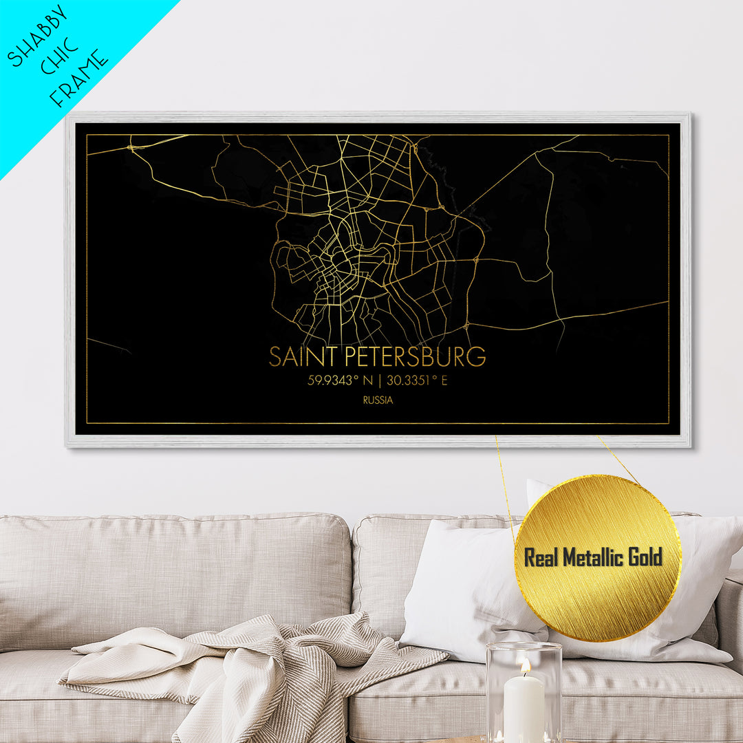 Saint Petersburg Russia City street map, Metallic Gold Print, Metal Art, wood framed map, black and gold, Street Map Art, Real Wood Frames