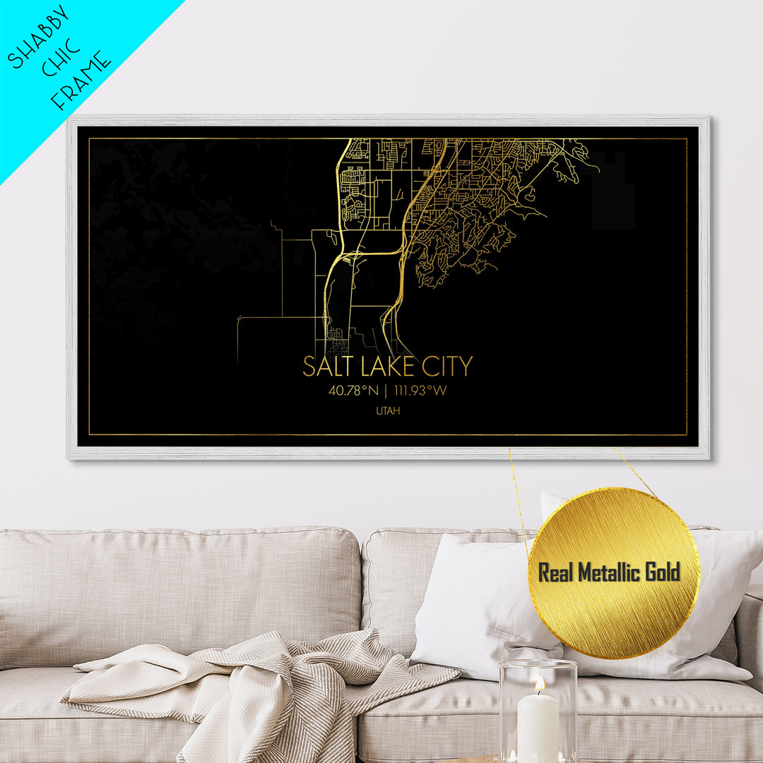 Salt Lake City Utah City street map, Metallic Gold Print, Metal Art, wood framed map, black and gold, Street Map Art, Best Friend Gifts