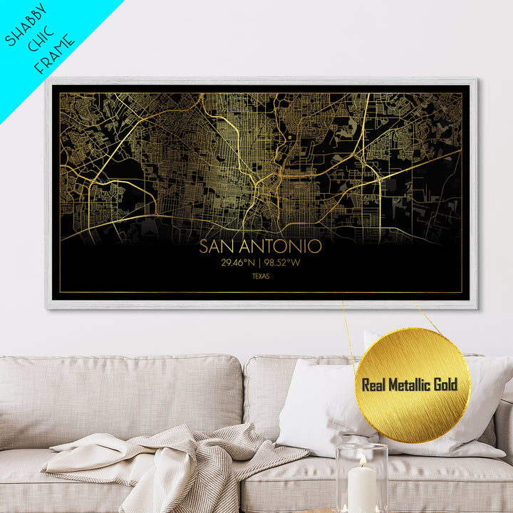 San Antonio Texas City Poster, Metallic Gold Art, Metal Art, real wood frames, black and gold, Street Map Wall Art, College Dorm Décor