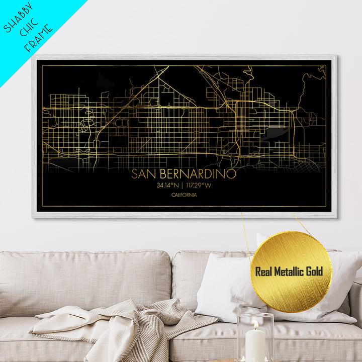 San Bernardino California City street map, Metallic Gold Print, Metal Art, wood framed map, black and gold, Street Map Art, Map Print Poster