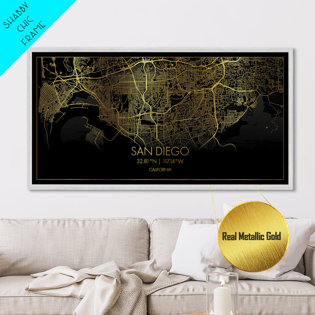 San Diego California City Poster, Metallic Gold Art, Metal Art, real wood frames, black and gold, Street Map Wall Art, Minimalist Wall Art