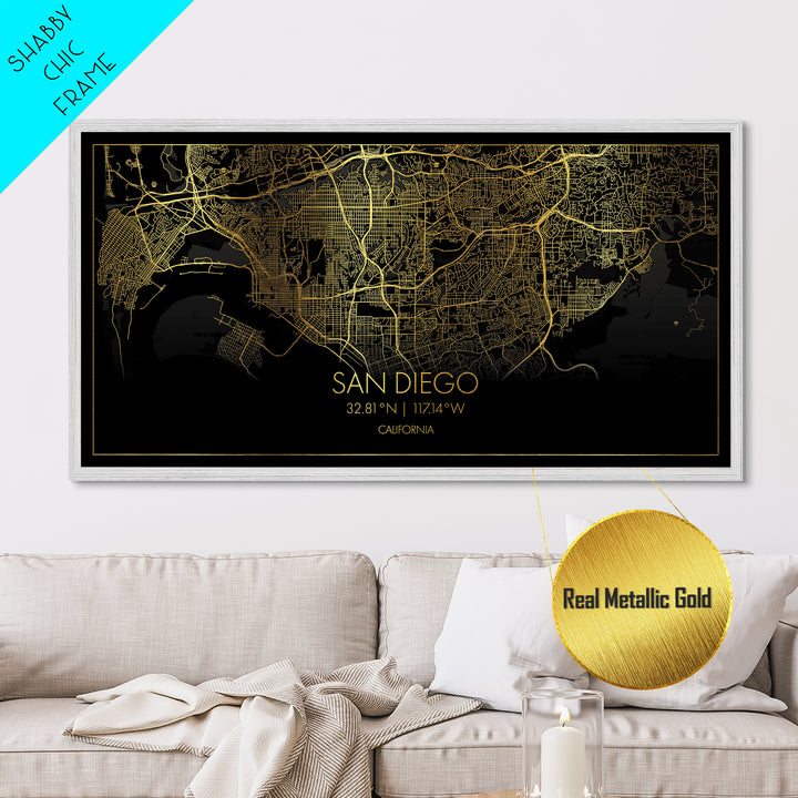San Diego California City Poster, Metallic Gold Art, Metal Art, real wood frames, black and gold, Street Map Wall Art, Minimalist Wall Art