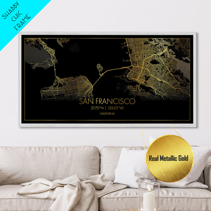 San Francisco California City street map, Metallic Gold Print, Metal Art, wood framed map, black and gold, Street Map Art, Gold Street Map Art