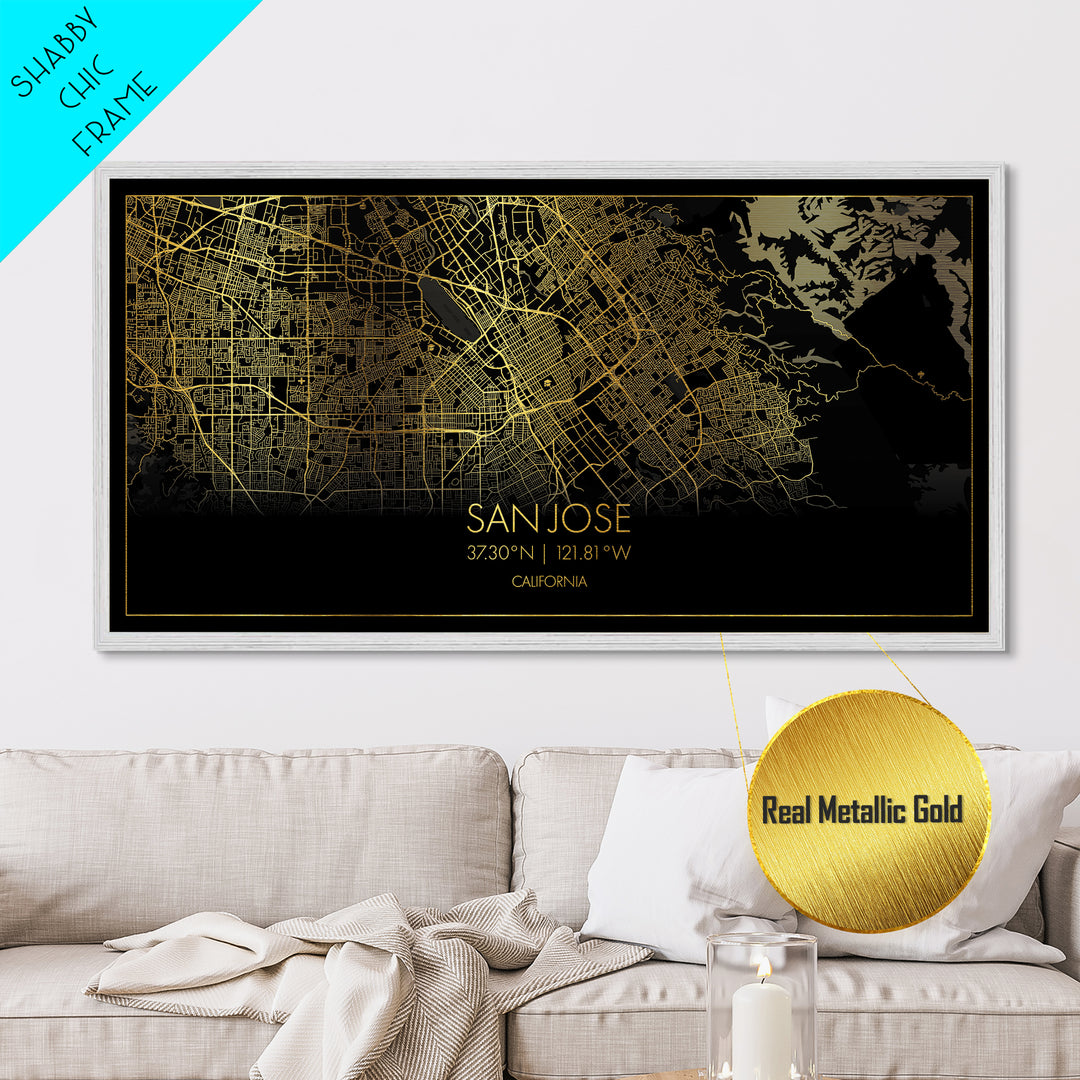 San Jose California City Poster, Metallic Gold Art, Metal Art, real wood frames, black and gold, Street Map Wall Art, Housewarming Gift