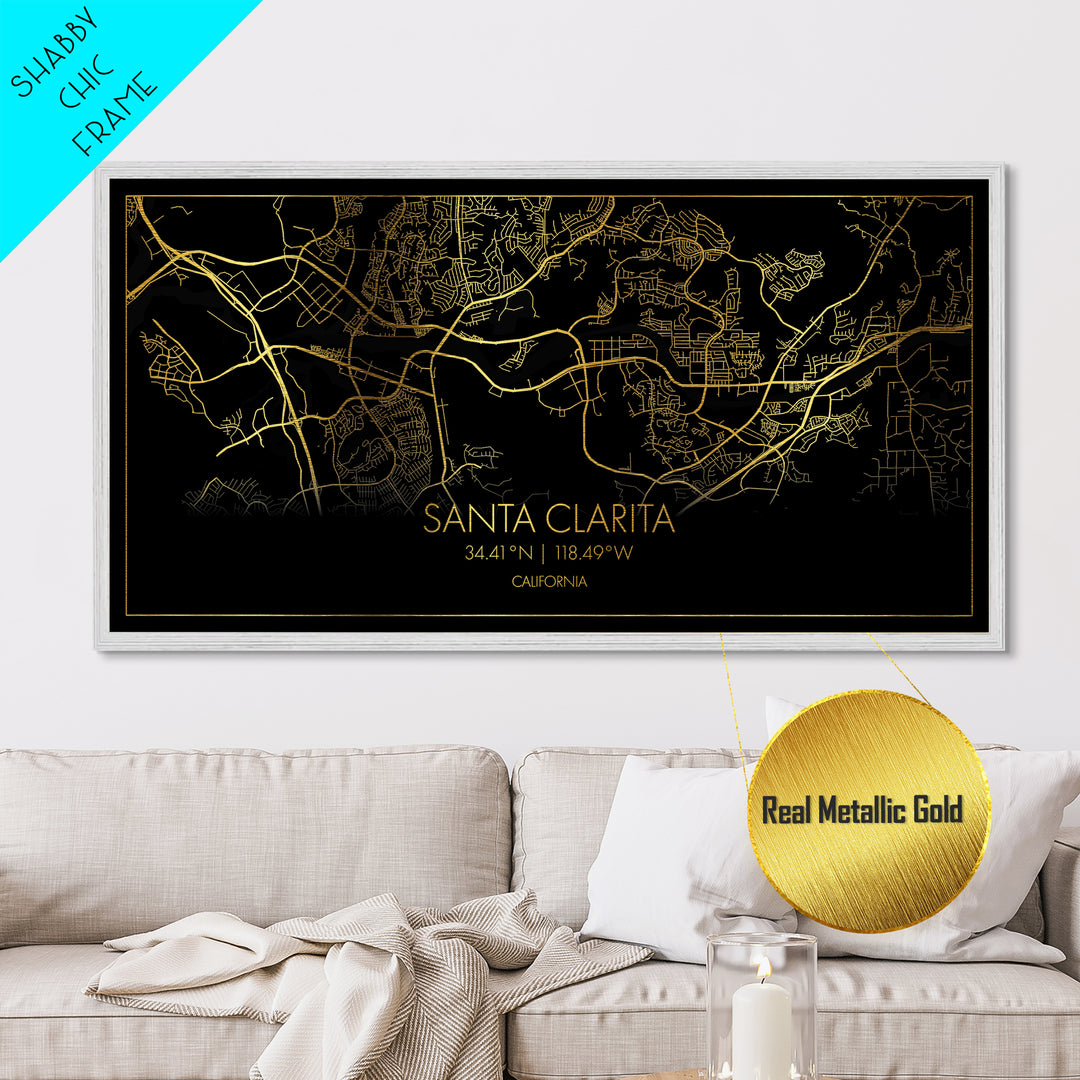 Santa Clarita California City Poster, Metallic Gold Art, Metal Art, real wood frames, black and gold, Street Map Wall Art, Real Wood Frames