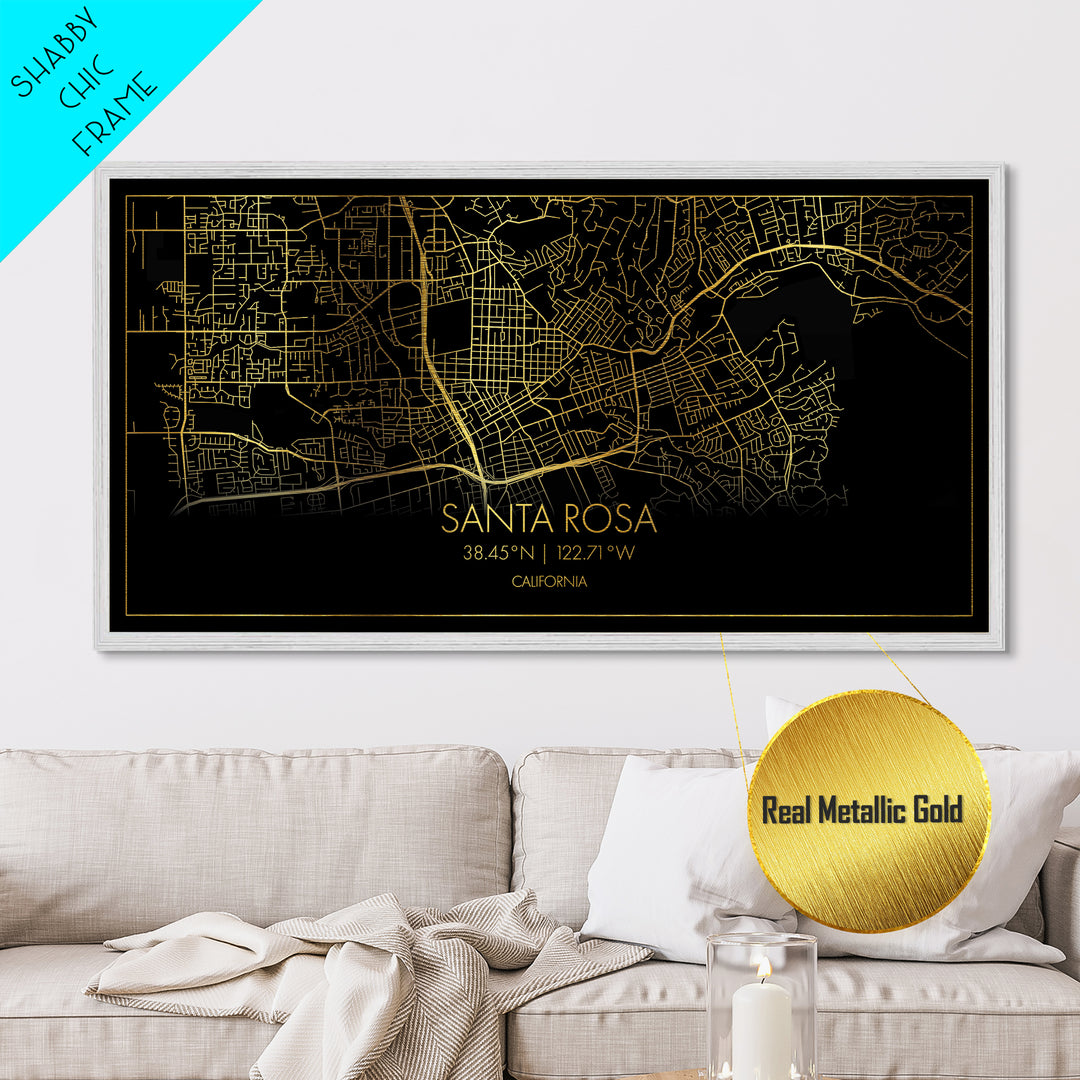 Santa Rosa California City street map, Metallic Gold Print, Metal Art, wood framed map, black and gold, Street Map Art, Minimalist Wall Art