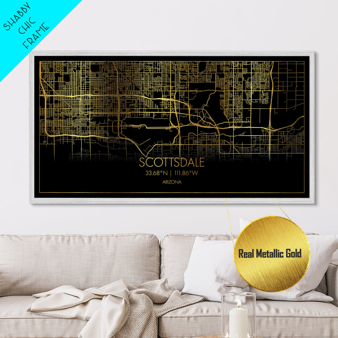 Scottsdale Arizona City Poster, Metallic Gold Art, Metal Art, real wood frames, black and gold, Street Map Wall Art, Map Art