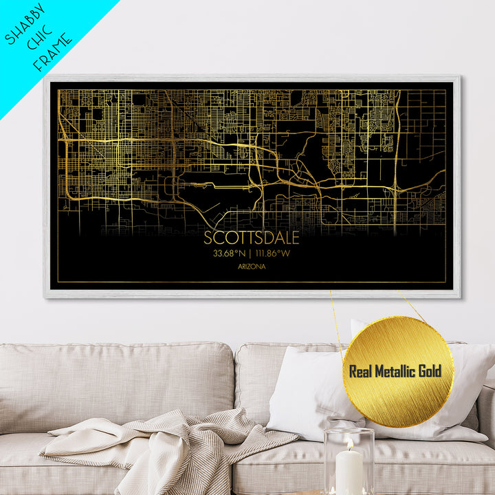 Scottsdale Arizona City Poster, Metallic Gold Art, Metal Art, real wood frames, black and gold, Street Map Wall Art, Map Art