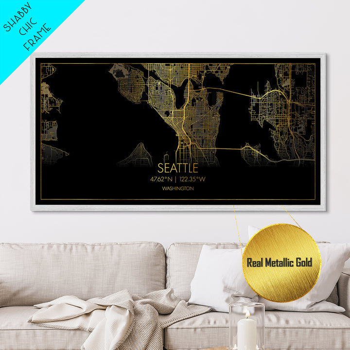 Seattle Washington City street map, Metallic Gold Print, Metal Art, wood framed map, black and gold, Street Map Art, Gold Street Map Art