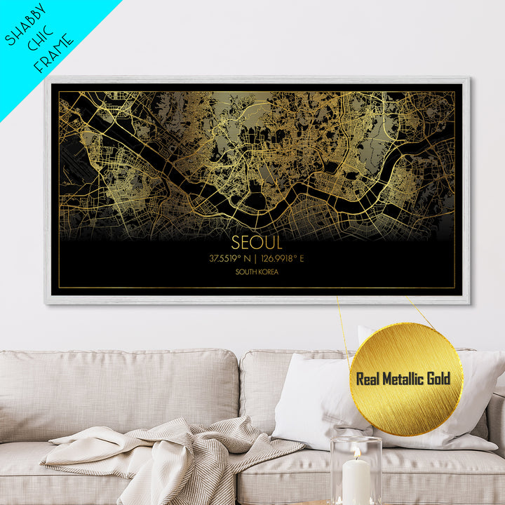 Seoul South Korea City Poster, Metallic Gold Art, Metal Art, real wood frames, black and gold, Street Map Wall Art, Office Decor