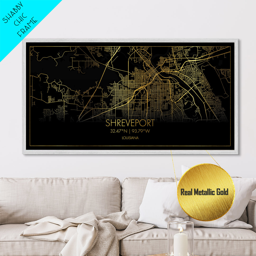 Shreveport Louisiana City street map, Metallic Gold Print, Metal Art, wood framed map, black and gold, Street Map Art, Real Wood Frames