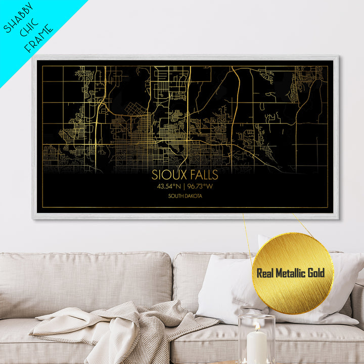 Sioux Falls South Dakota City street map, Metallic Gold Print, Metal Art, wood framed map, black and gold, Street Map Art, Best Friend Gifts