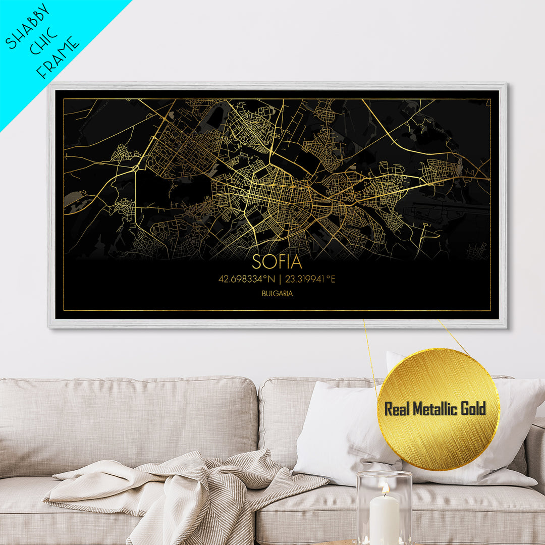 Sofia Bulgaria City Poster, Metallic Gold Art, Metal Art, real wood frames, black and gold, Street Map Wall Art, Modern Wall Art
