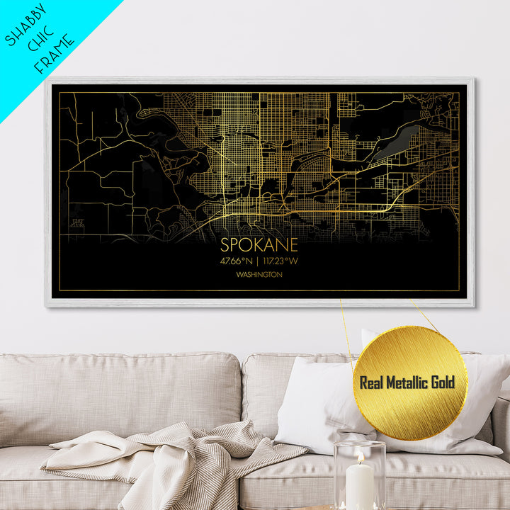 Spokane Washington City street map, Metallic Gold Print, Metal Art, wood framed map, black and gold, Street Map Art, Modern Wall Art
