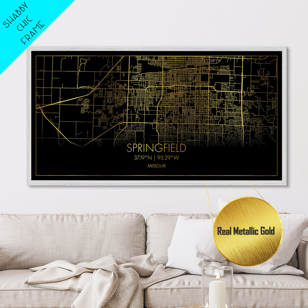 Springfield Missouri City Poster, Metallic Gold Art, Metal Art, real wood frames, black and gold, Street Map Wall Art, Minimalist Wall Art