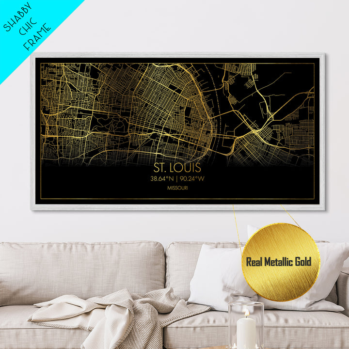 St. Louis Missouri City street map, Metallic Gold Print, Metal Art, wood framed map, black and gold, Street Map Art, Gold Street Map Art