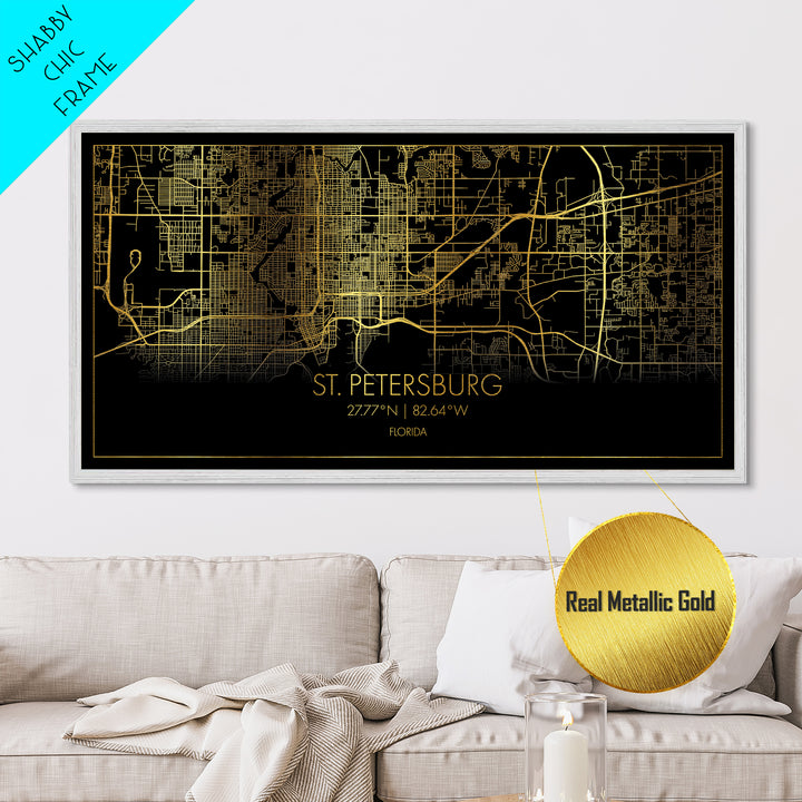 St. Petersburg Florida City street map, Metallic Gold Print, Metal Art, wood framed map, black and gold, Street Map Art, Real Wood Frames