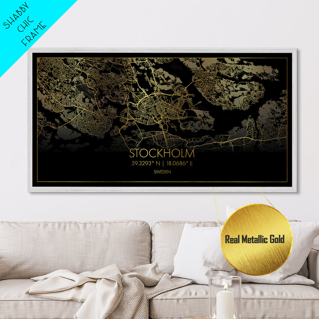 Stockholm Sweden City Poster, Metallic Gold Art, Metal Art, real wood frames, black and gold, Street Map Wall Art, Housewarming Gift