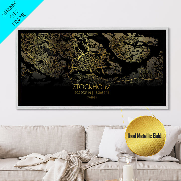 Stockholm Sweden City Poster, Metallic Gold Art, Metal Art, real wood frames, black and gold, Street Map Wall Art, Housewarming Gift