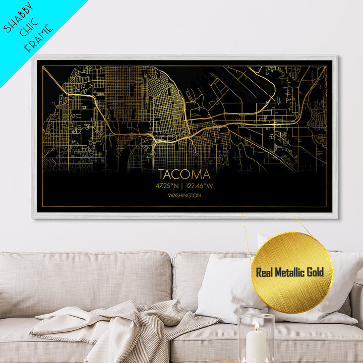 Tacoma Washington City Poster, Metallic Gold Art, Metal Art, real wood frames, black and gold, Street Map Wall Art, College Dorm Décor
