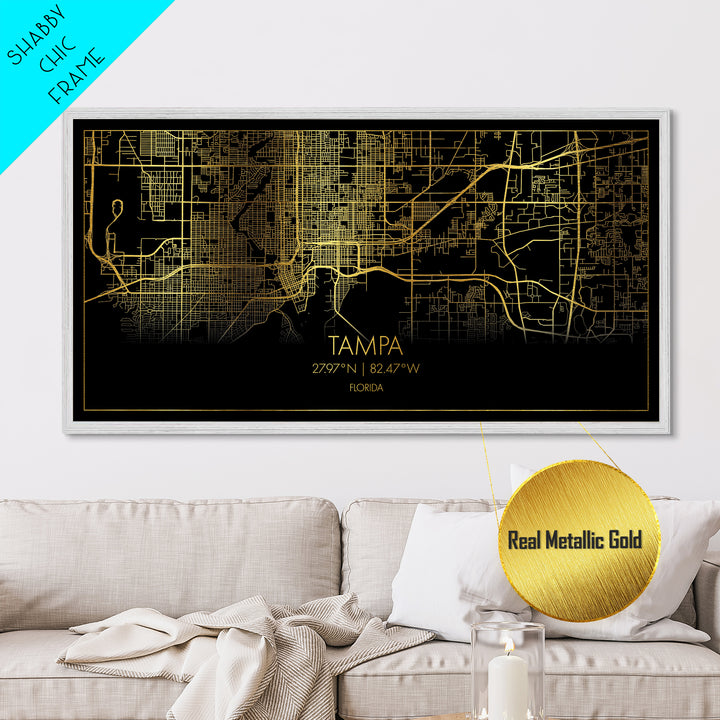 Tampa Florida City Poster, Metallic Gold Art, Metal Art, real wood frames, black and gold, Street Map Wall Art, Real Wood Frames