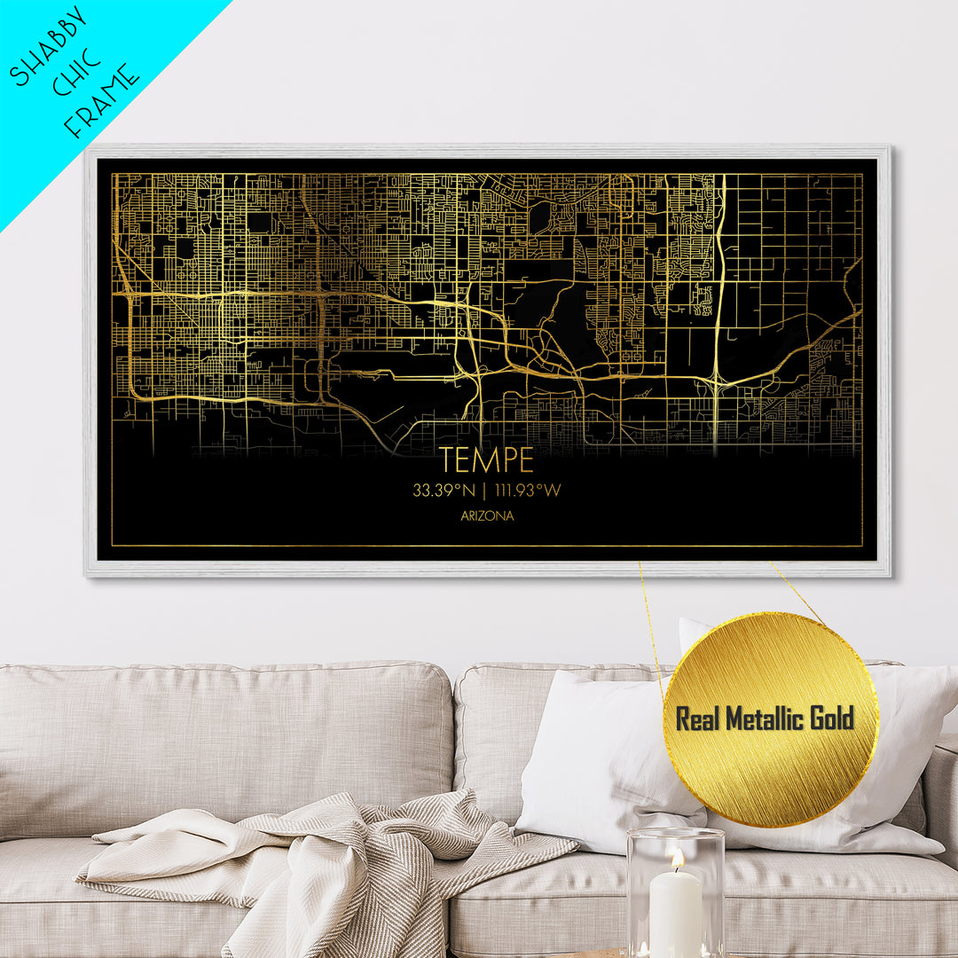 Tempe Arizona City street map, Metallic Gold Print, Metal Art, wood framed map, black and gold, Street Map Art, Modern Wall Art