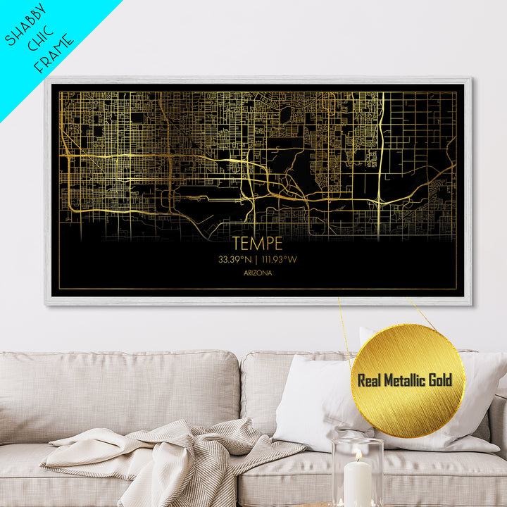 Tempe Arizona City street map, Metallic Gold Print, Metal Art, wood framed map, black and gold, Street Map Art, Modern Wall Art