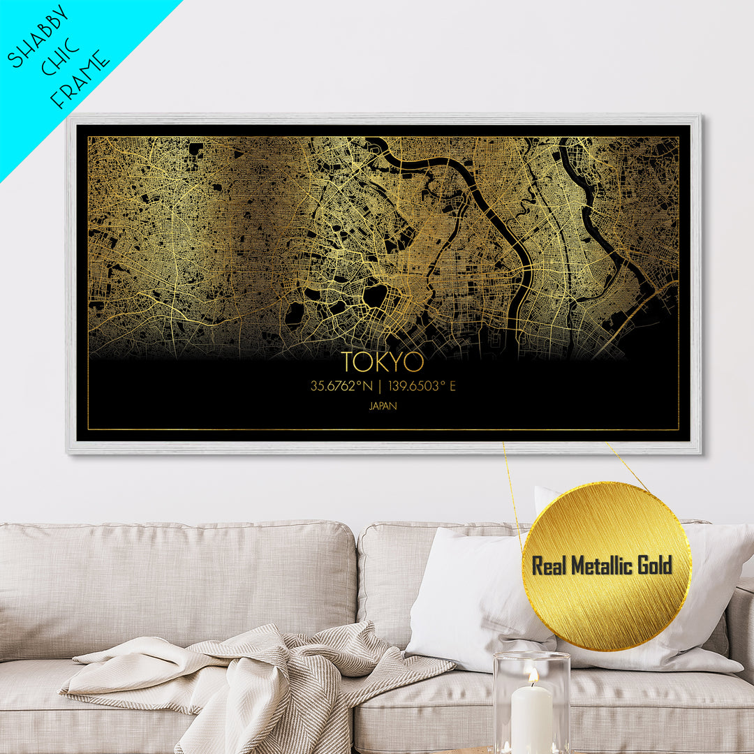 Tokyo Japan City Poster, Metallic Gold Art, Metal Art, real wood frames, black and gold, Street Map Wall Art, Minimalist Wall Art