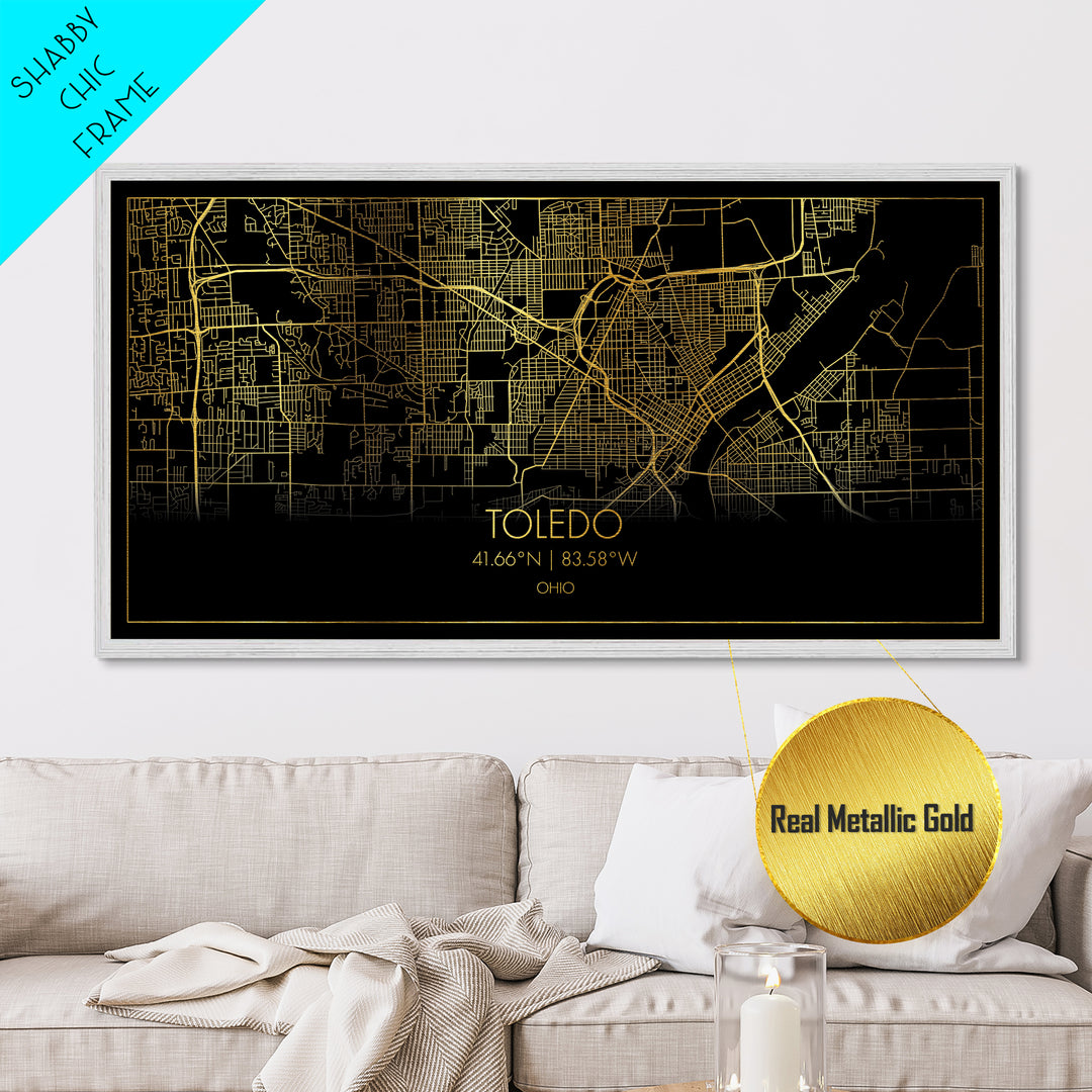 Toledo Ohio City street map, Metallic Gold Print, Metal Art, wood framed map, black and gold, Street Map Art, Gold Street Map Art