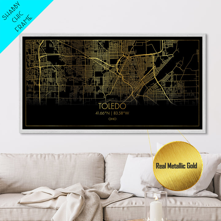 Toledo Ohio City street map, Metallic Gold Print, Metal Art, wood framed map, black and gold, Street Map Art, Gold Street Map Art
