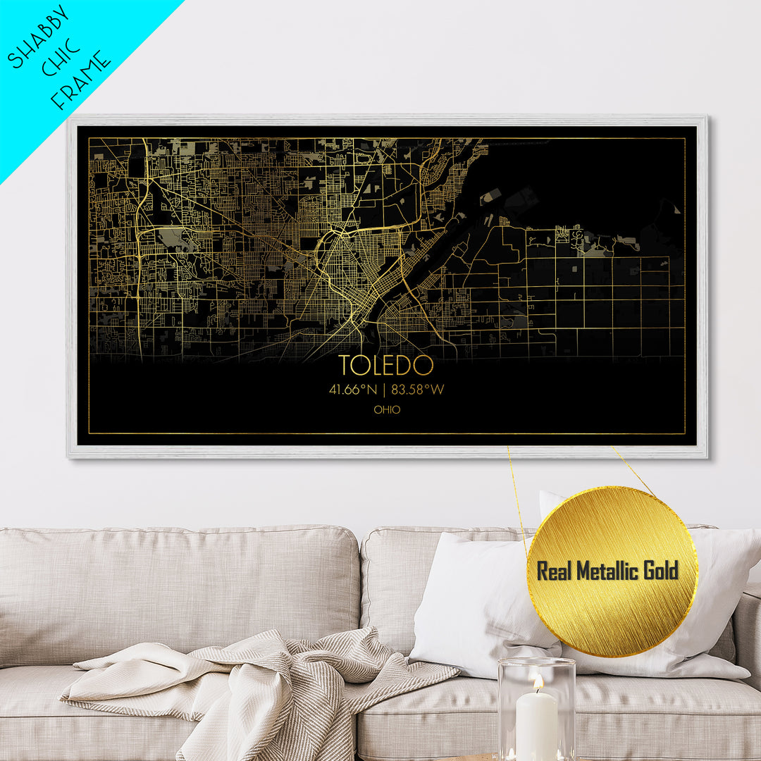 Toledo Ohio City Poster, Metallic Gold Art, Metal Art, real wood frames, black and gold, Street Map Wall Art, Real Wood Frames