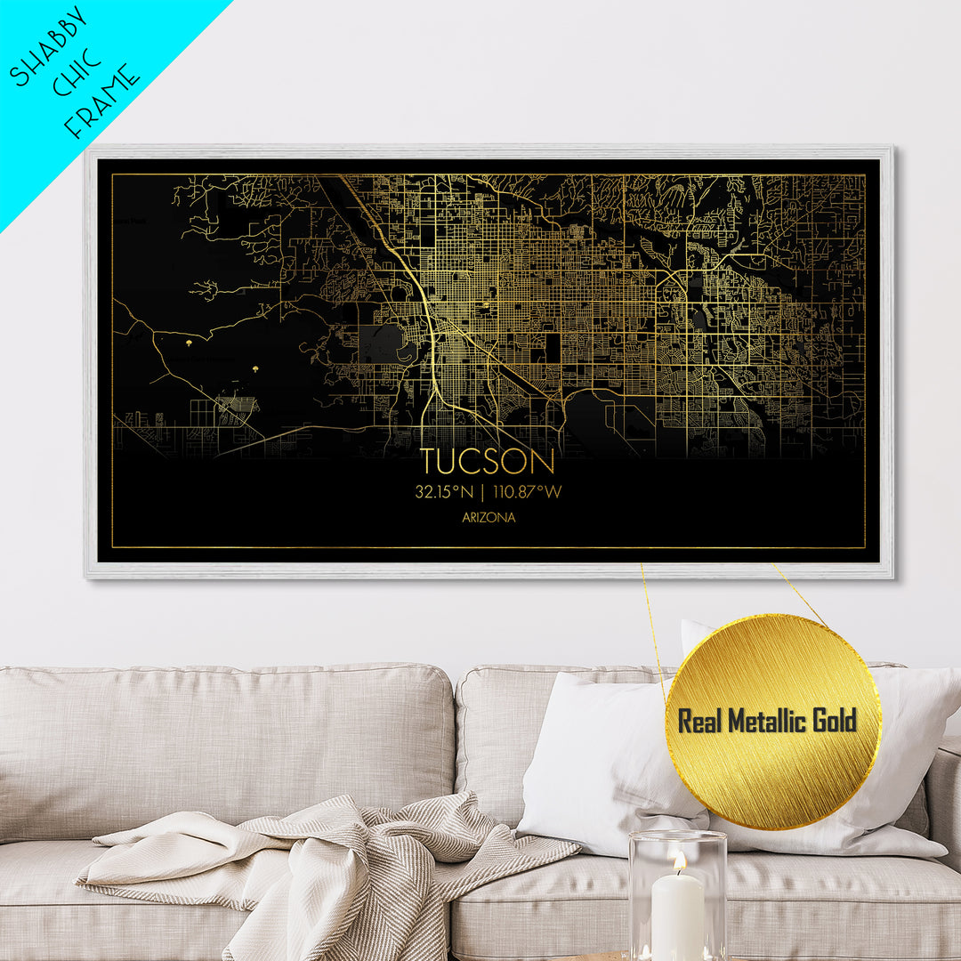Tucson Arizona City street map, Metallic Gold Print, Metal Art, wood framed map, black and gold, Street Map Art, Housewarming Gift