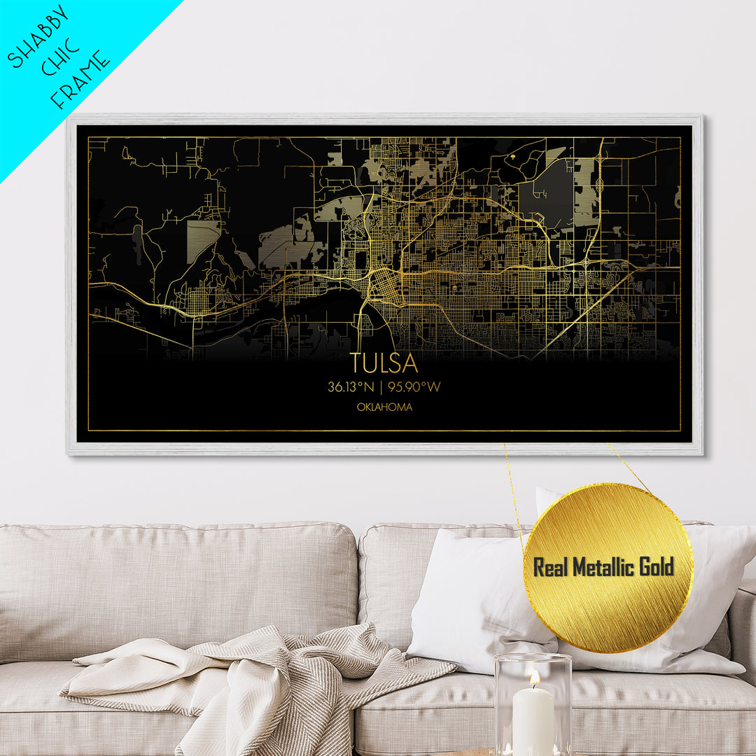 Tulsa Oklahoma City Poster, Metallic Gold Art, Metal Art, real wood frames, black and gold, Street Map Wall Art, Modern Wall Art