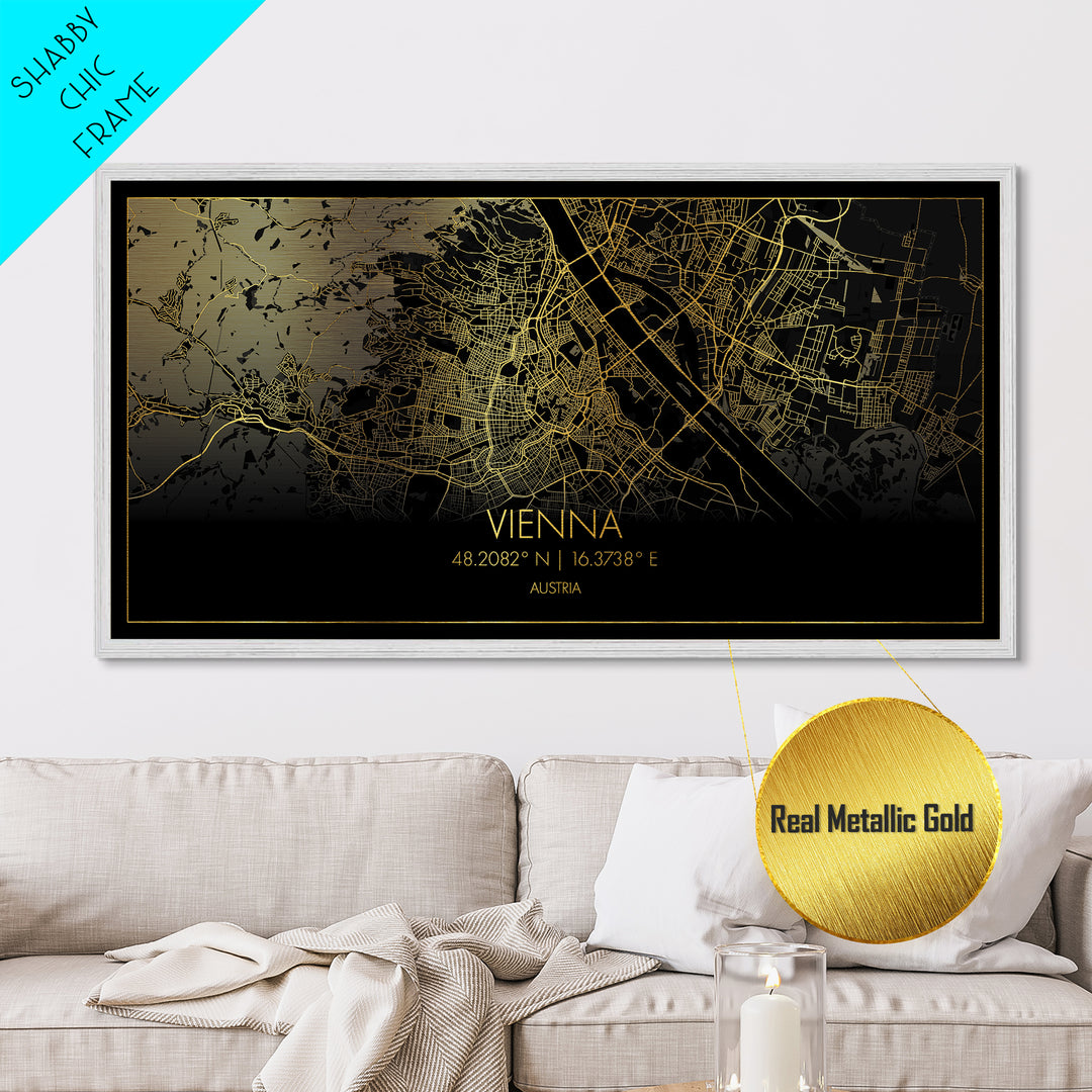 Vienna Austria City street map, Metallic Gold Print, Metal Art, wood framed map, black and gold, Street Map Art, Map Print Poster