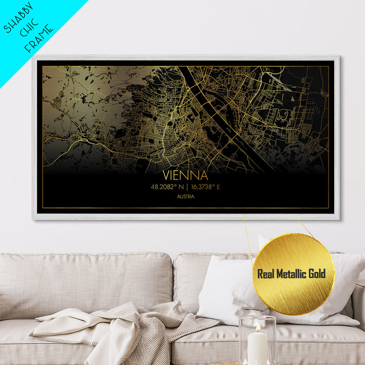 Vienna Austria City street map, Metallic Gold Print, Metal Art, wood framed map, black and gold, Street Map Art, Map Print Poster