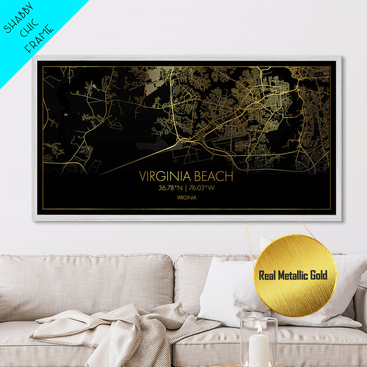 Virginia Beach Virginia City Poster, Metallic Gold Art, Metal Art, real wood frames, black and gold, Street Map Wall Art, Best Friend Gifts
