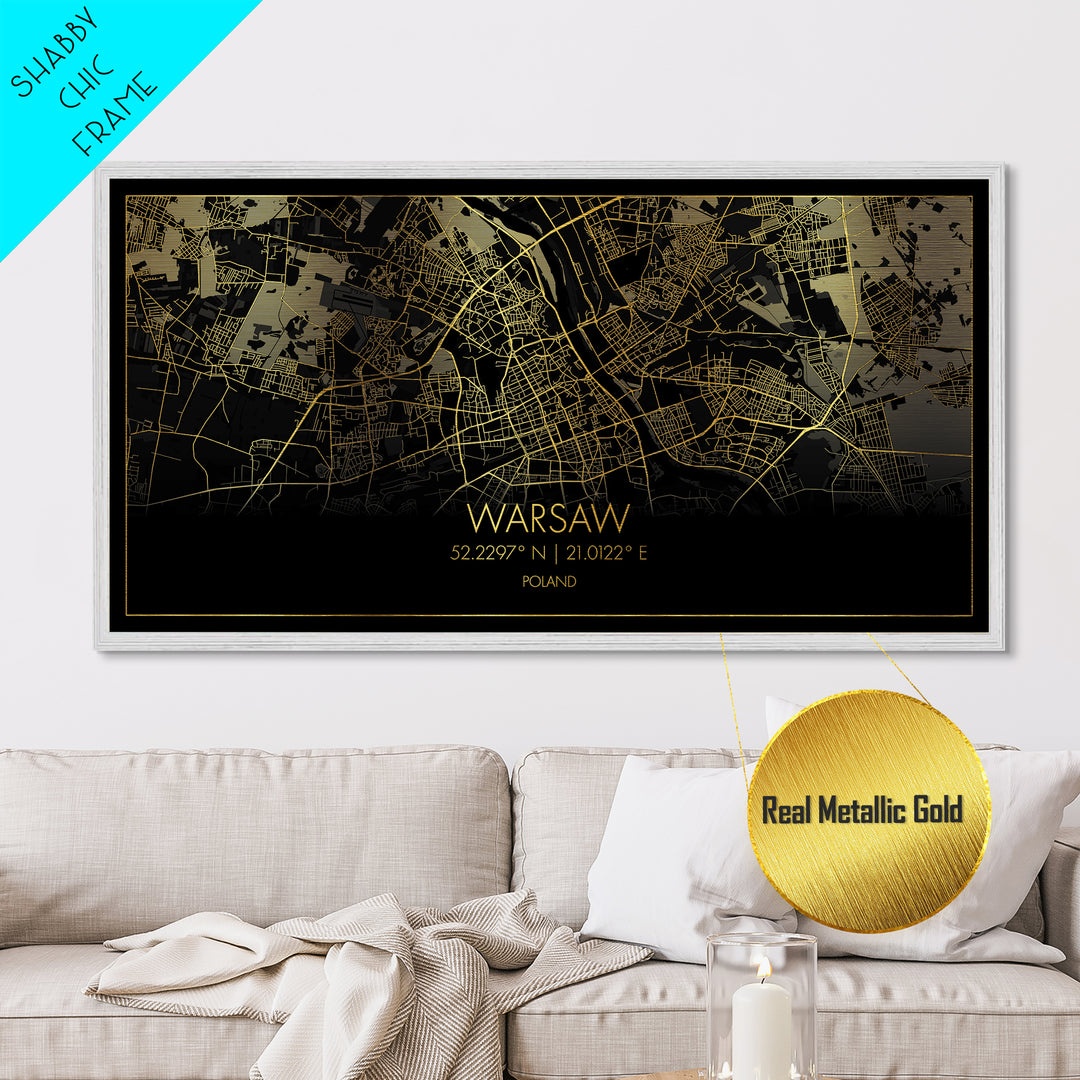 Warsaw Poland City street map, Metallic Gold Print, Metal Art, wood framed map, black and gold, Street Map Art, Real Wood Frames