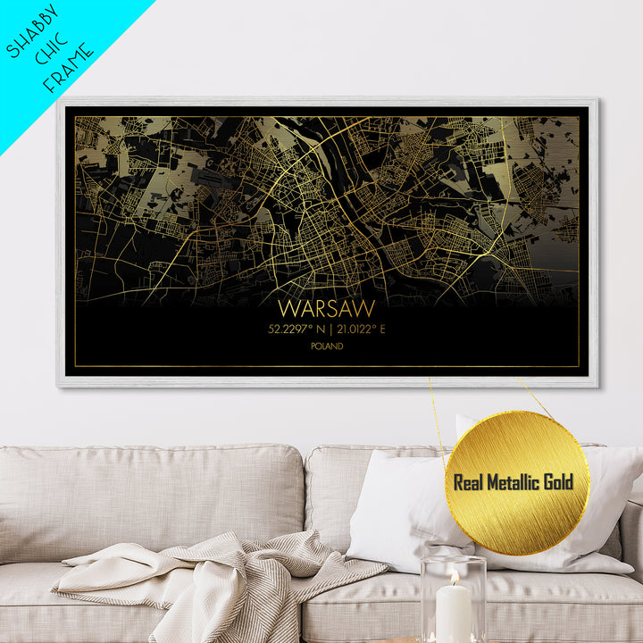 Warsaw Poland City street map, Metallic Gold Print, Metal Art, wood framed map, black and gold, Street Map Art, Real Wood Frames