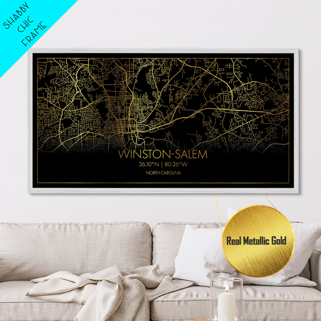 Winston Salem North Carolina City Poster, Metallic Gold Art, Metal Art, real wood frames, black and gold, Street Map Wall Art, Housewarming Gift