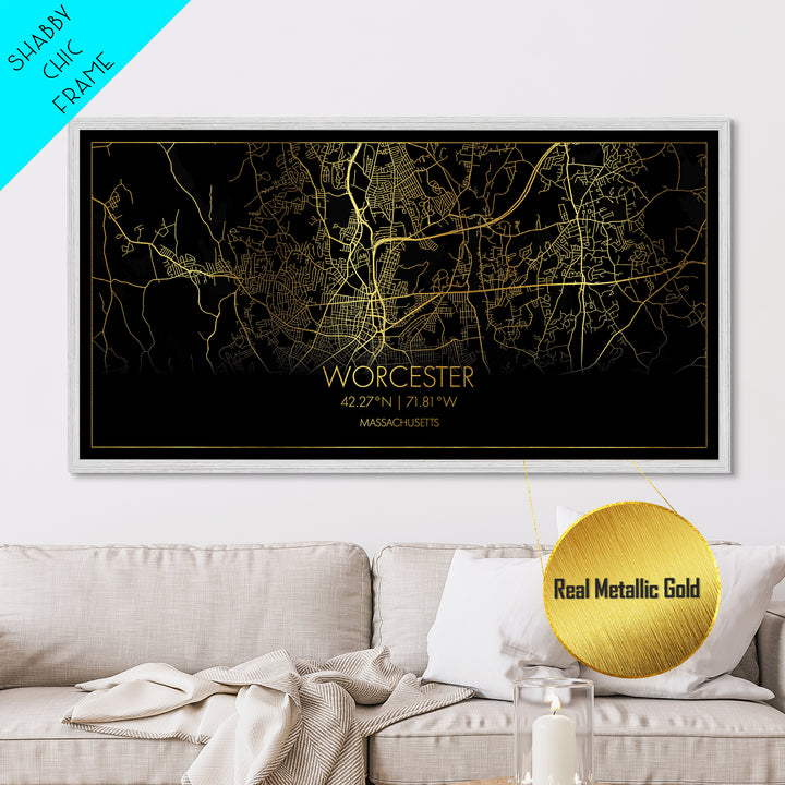 Worcester Massachusetts City street map, Metallic Gold Print, Metal Art, wood framed map, black and gold, Street Map Art, Modern Wall Art