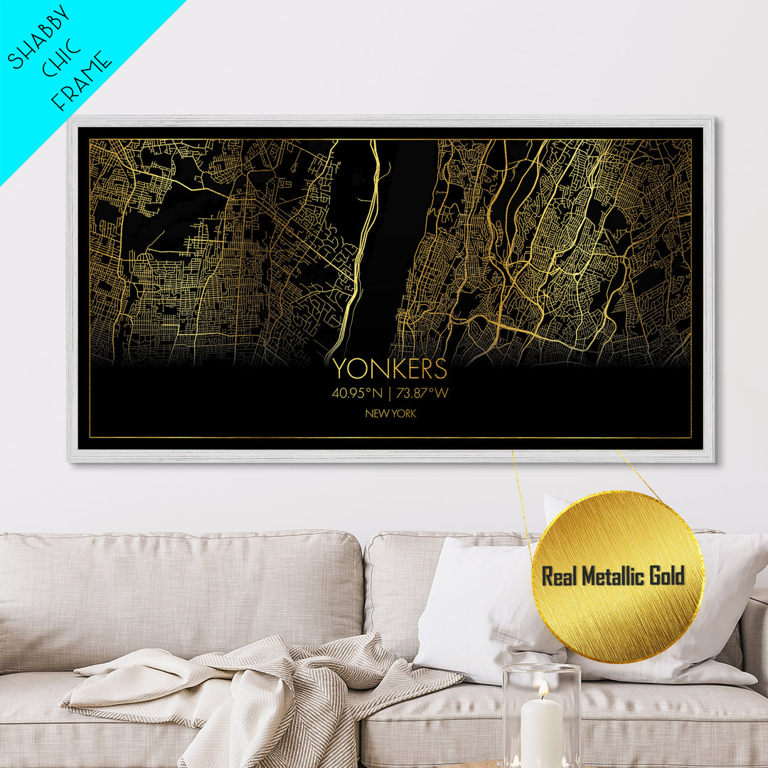 Yonkers New York City Poster, Metallic Gold Art, Metal Art, real wood frames, black and gold, Street Map Wall Art, Real Wood Frames