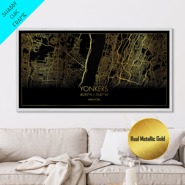 Yonkers New York City Poster, Metallic Gold Art, Metal Art, real wood frames, black and gold, Street Map Wall Art, Real Wood Frames