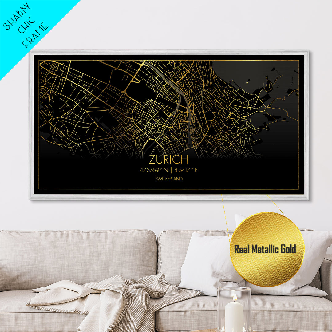 Zurich Switzerland City street map, Metallic Gold Print, Metal Art, wood framed map, black and gold, Street Map Art, Best Friend Gifts