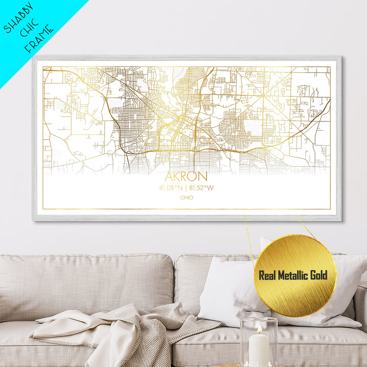 Akron Ohio City street map, Metallic Gold Print, Metal Art, wood framed map, black and gold, Street Map Art, Modern Wall Art, Housewarming Gift