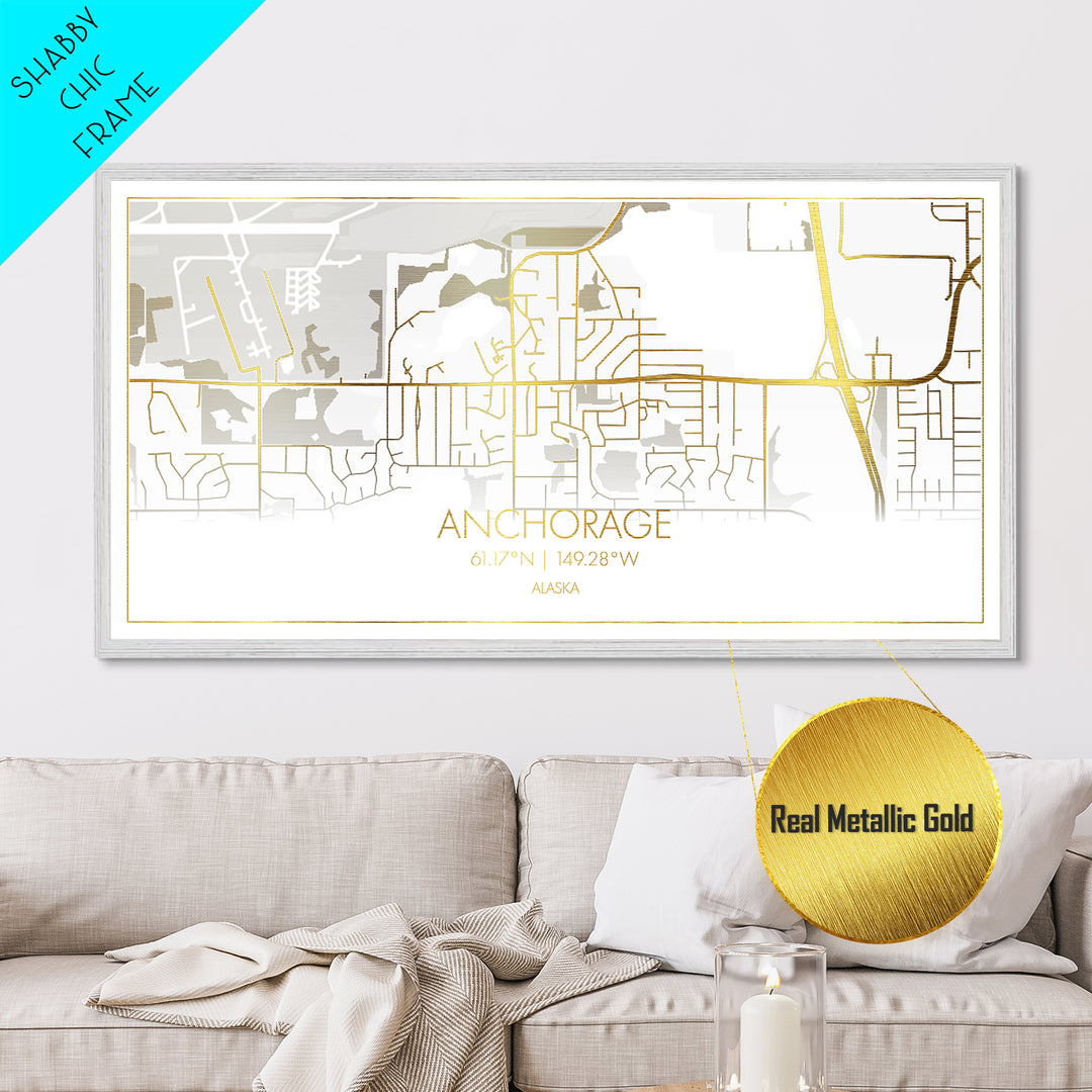 Anchorage Alaska City street map, Metallic Gold Print, Metal Art, wood framed map, black and gold, Street Map Wall Art, Best Friend Gifts, Modern Wall Art