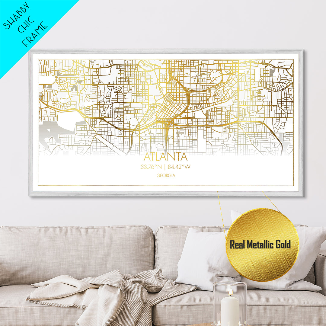Atlanta Georgia City Poster, Metallic Gold Art, Metal Art, real wood frames, black and gold, Street Map Wall Art, Office Decor, Real Wood Frames