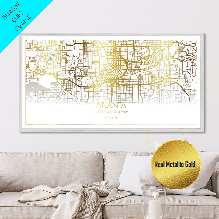 Atlanta Georgia City Poster, Metallic Gold Art, Metal Art, real wood frames, black and gold, Street Map Wall Art, Office Decor, Real Wood Frames