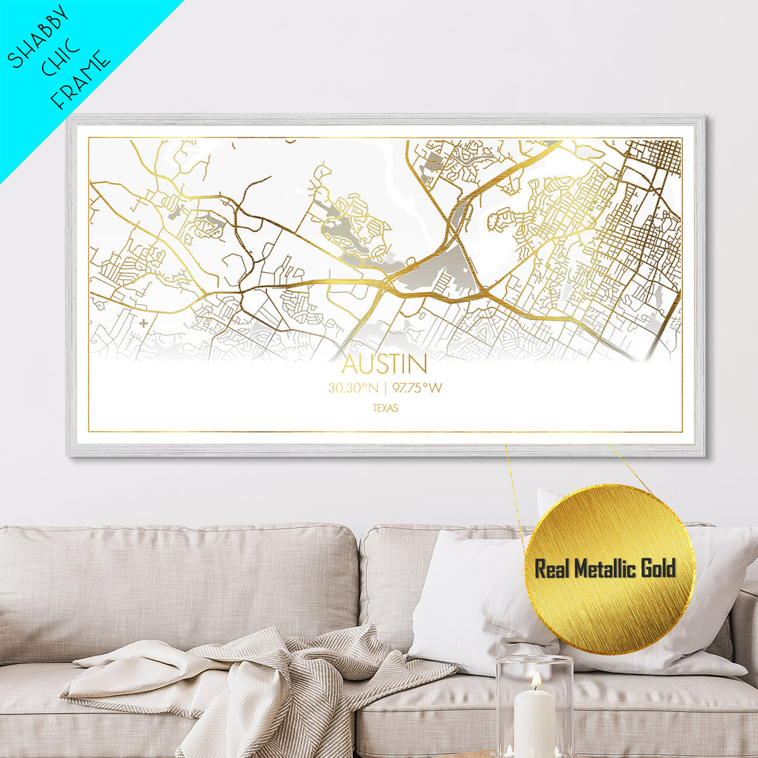 Austin Texas City Poster, Metallic Gold Art, Metal Art, real wood frames, black and gold, Map Art, Real Wood Frames, Travel Poster, Street Map Art