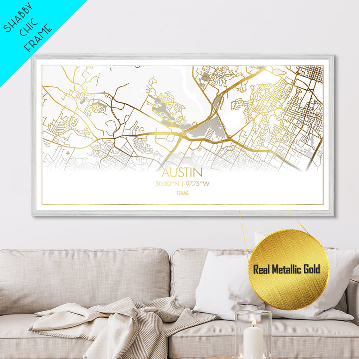 Austin Texas City Poster, Metallic Gold Art, Metal Art, real wood frames, black and gold, Map Art, Real Wood Frames, Travel Poster, Street Map Art